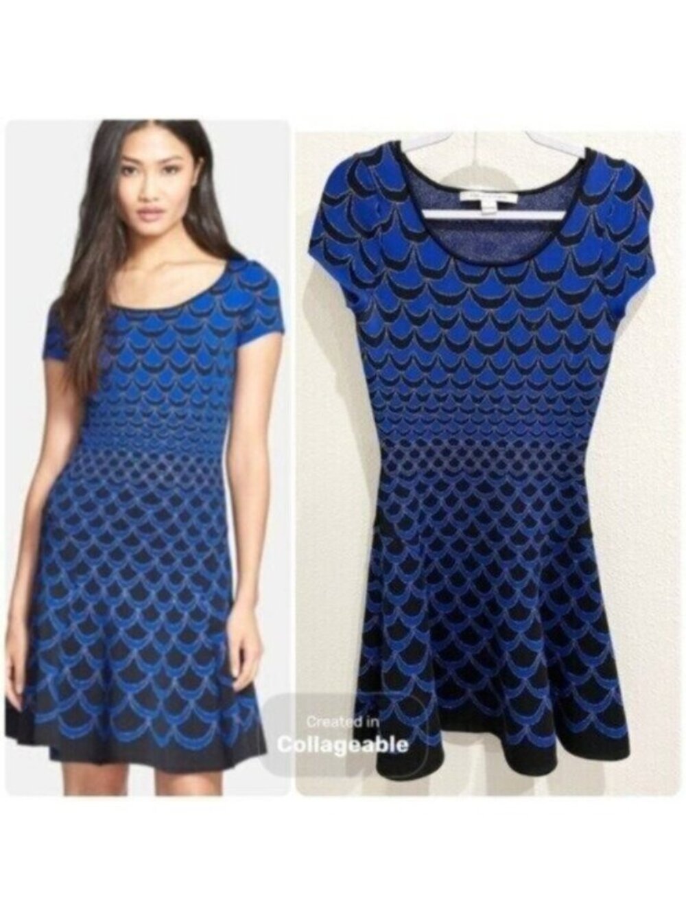 DVF Designer Scallop Contemporary Sweater Dress Scale Print Mod Designer